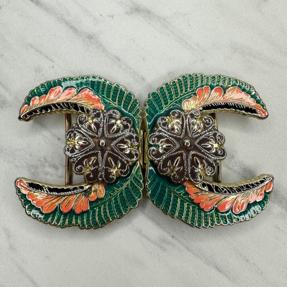 Vintage Two Piece Interlocking Enamel Leaf Floral Belt Buckle Gold Tone ✨